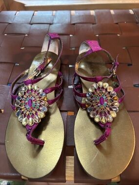 Nine West Purple and Gold Jeweled T-Strap Sandals